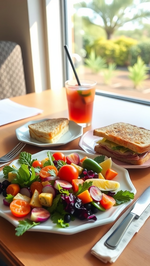Inspirational Lunch Time Quotes for a Refreshing Break A vibrant lunch plate with salad and sandwich on a table by a sunny window.